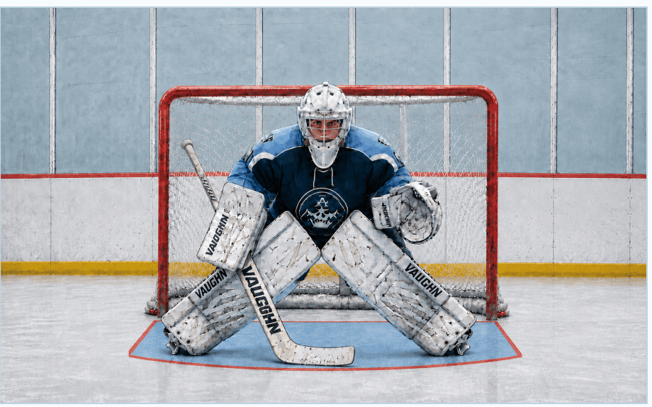 Illustration of Tyler Hawk in a centered shot-ready goalie stance